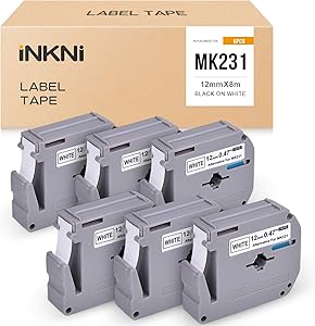 INKNI Compatible Label Tape Replacement for Brother M Tape MK231 M231 M-K231 use with Brother P Touch Label Maker PT-M95 PT-90 PT70 PT-65 PT-85, 0.47 Inch x 26.2 Feet, Black on White, 6-Pack