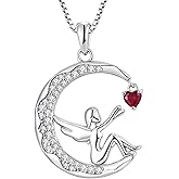 FJ Guardian Angel Necklace 925 Sterling Silver Moon Necklace Fairy Pendant Birthstone Jewelry for Women