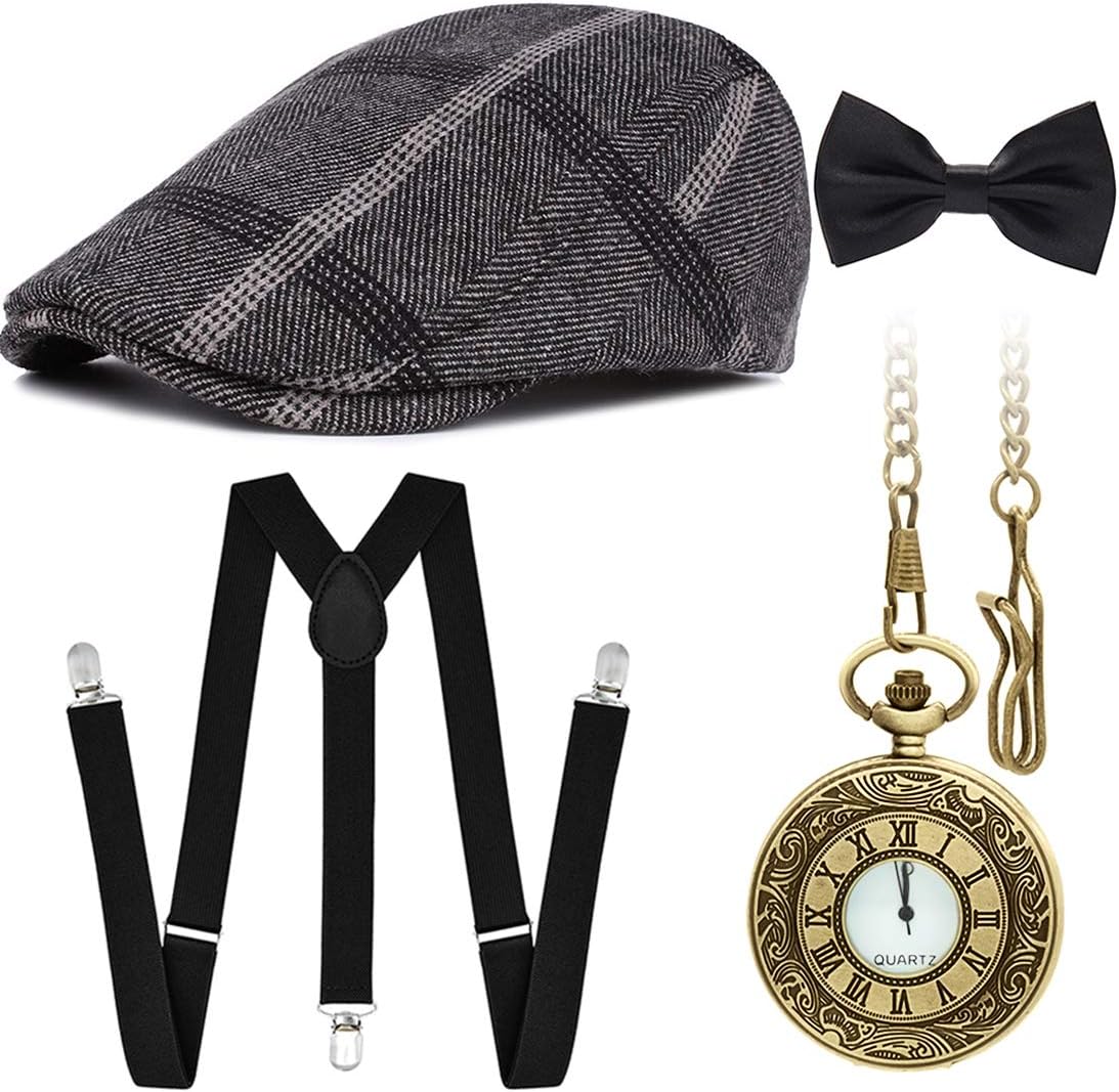 ZiyootMen's 1920s Accessories Gatsby Gangster Costume Set Gangster Beret Y-Back Suspender, 04 Black, One size fits most.