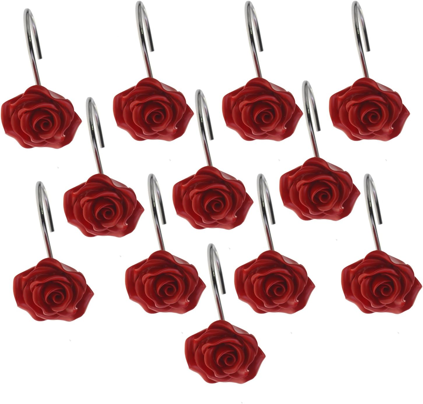 FINROS 12 PCS Home Fashion Decorative Anti Rust Shower Curtain Hooks Rose Design Shower Curtain Rings Hooks (RED): Home & Kitchen