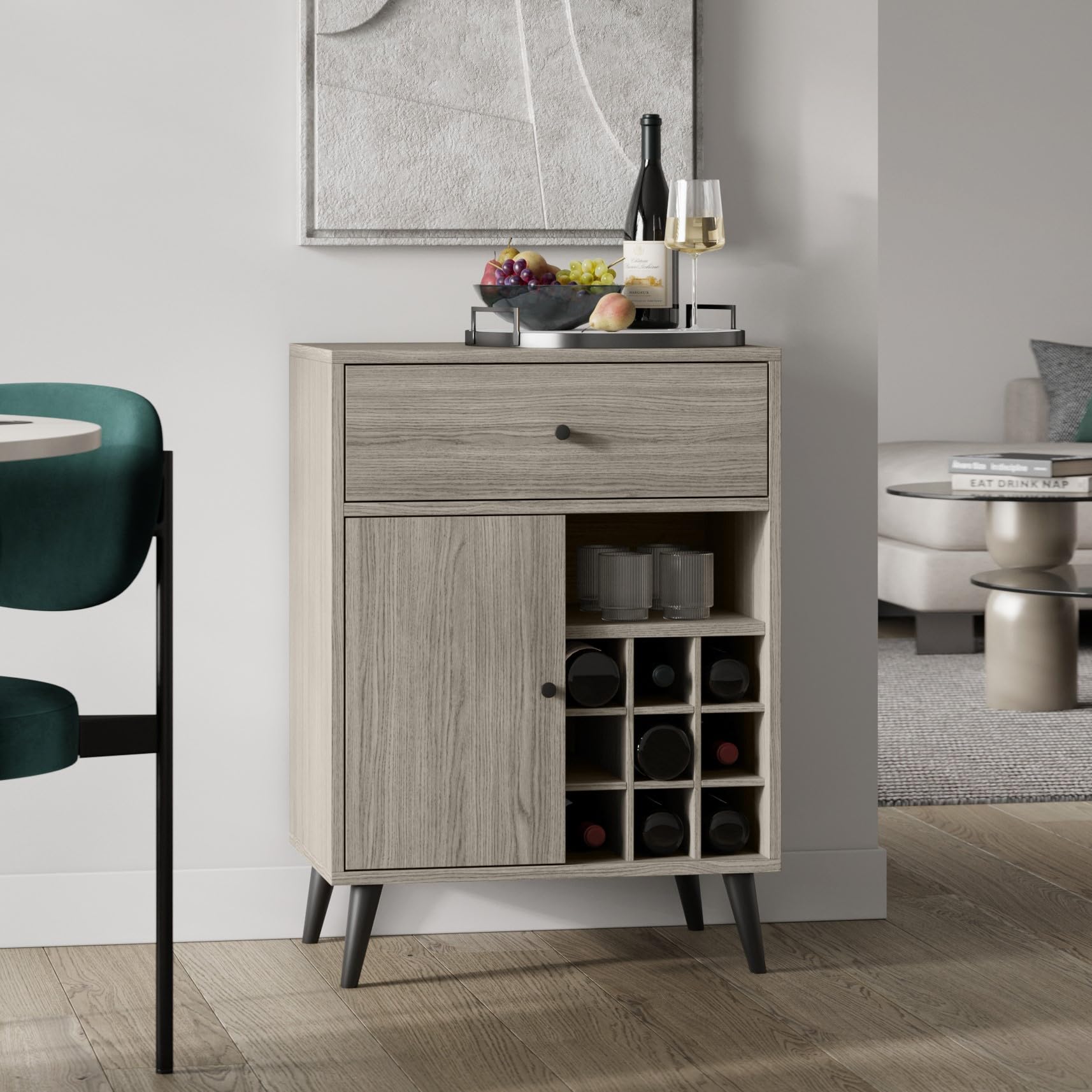 Photo 1 of Atlantic Emmet Sideboard Wine Cabinet Storage, Drawers and Shelves, Scandinavian Design, Coffee Bar, Grey Finish, Dining Room