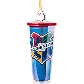 Silver Buffalo Harry Potter Hedwig Hogwarts House Crest Featuring Gryffindor, Hufflepuff, Ravenclaw, and Slytherin Plastic Cold Cup with Lid and Topper Straw, 24 Ounces