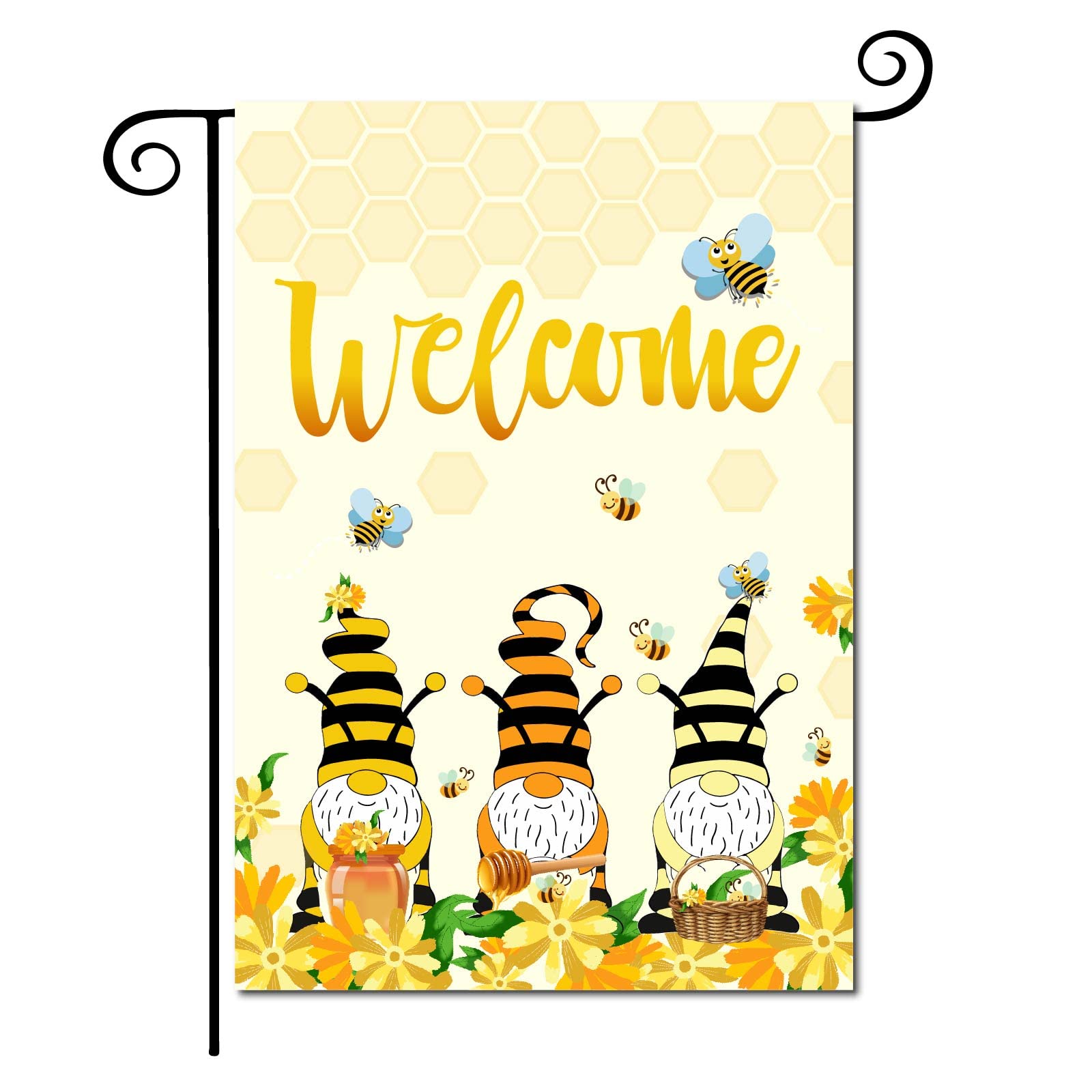 CREATCABIN Bee Welcome Garden Flag Summer Gnome Garden Flag Yard Decoration Burlap Decor Rustic Vertical Double Sided Seasonal for Garden Farmhouse House Yard Lawn Outdoor 12.5 x 18 Inch