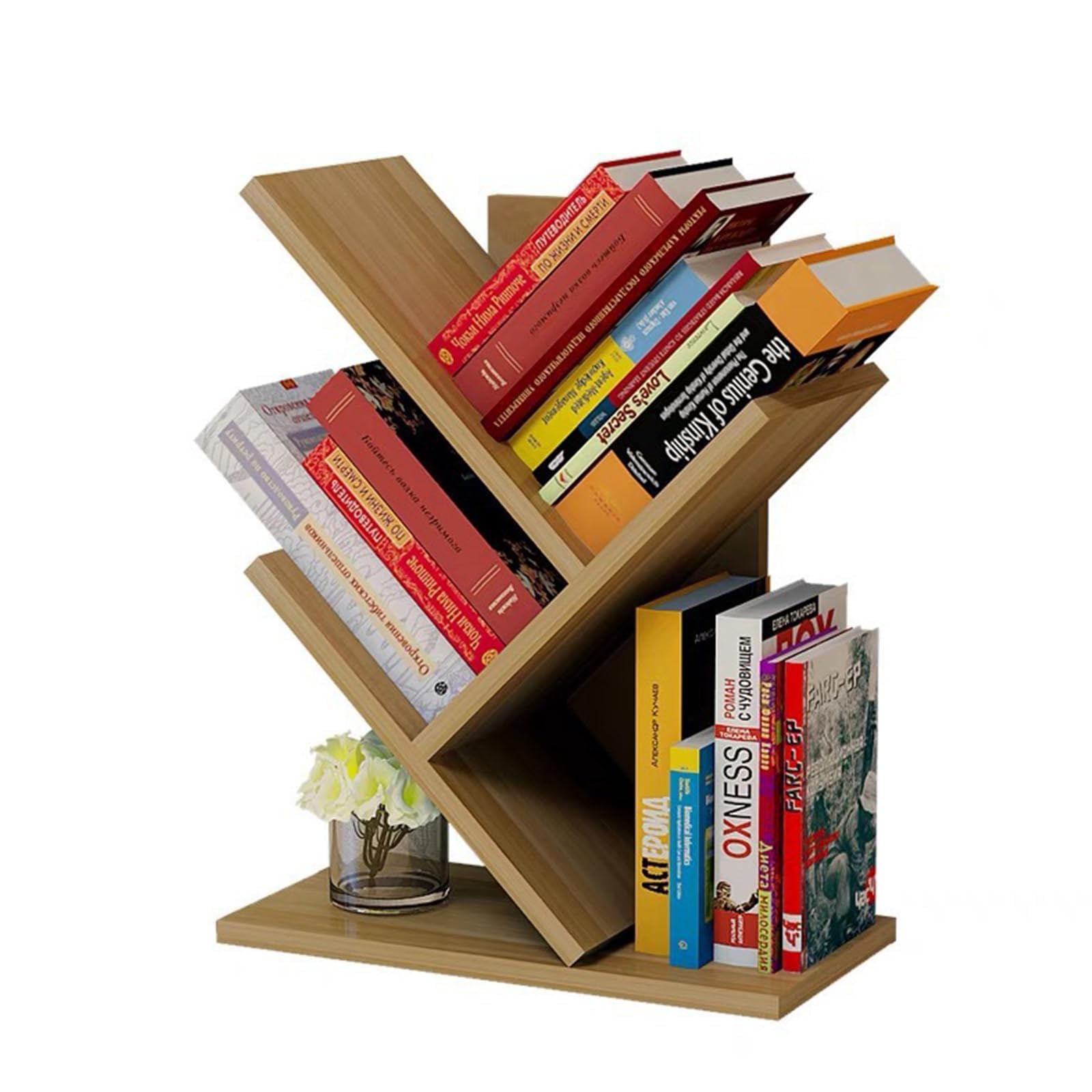 GAESHOW Tree Bookshelf, 3 Shelf Wooden Desktop Organizer Shelf, Retro Floor Standing Bookcase, Floor Standing Bookcase, Organizer Shelves for Bedroom, Living Room, Home, Office (Light walnut)