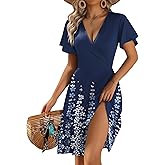 Zeagoo Womens Summer Sundress Ruffle Short Sleeve Casual Dresses V Neck Floral Wrap A-Line Party Dress with Pockets