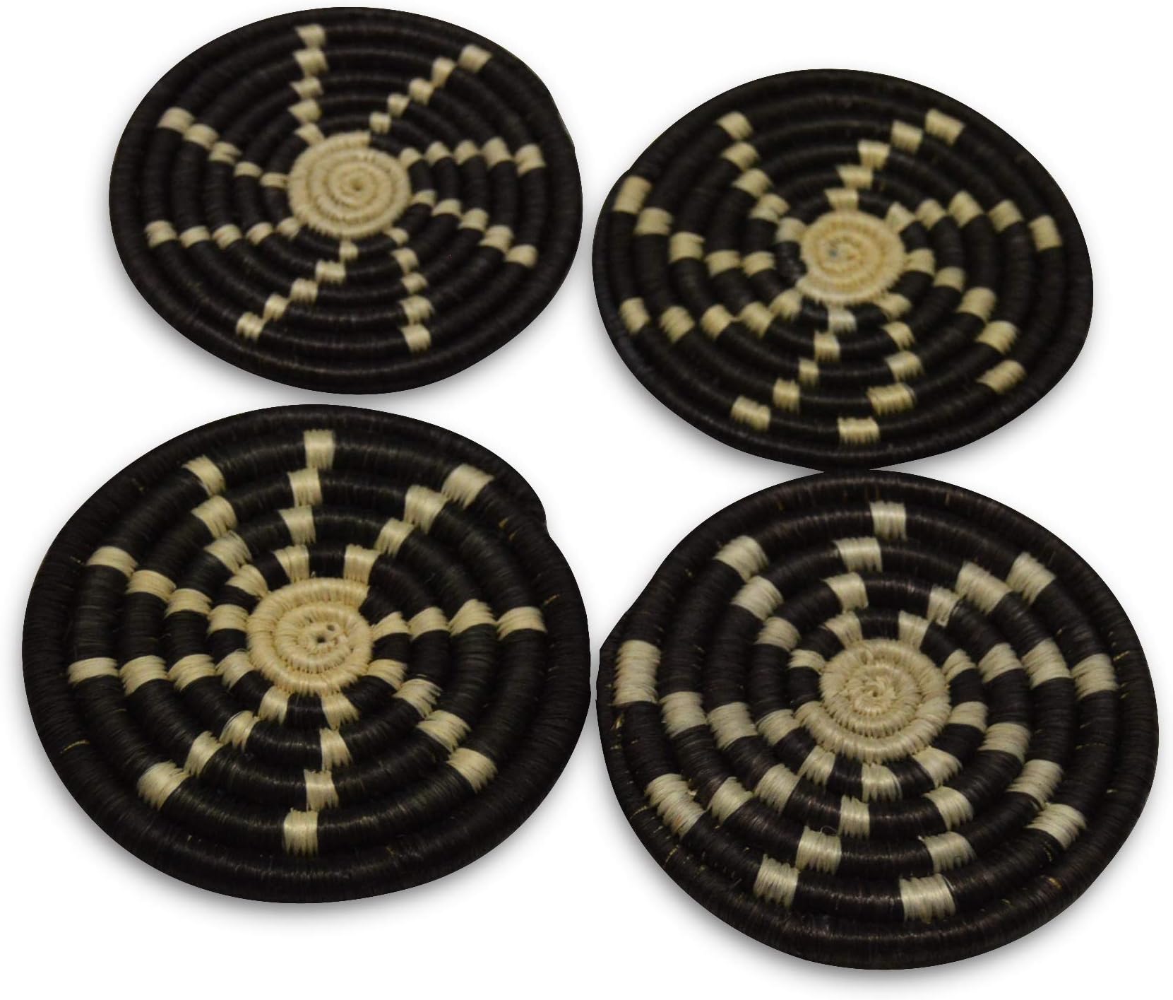 African Gift Shop Handmade Rwanda Tea Mats Made of Sweet Grass | Heat Resistant Round Woven Trivets in Black & White Color