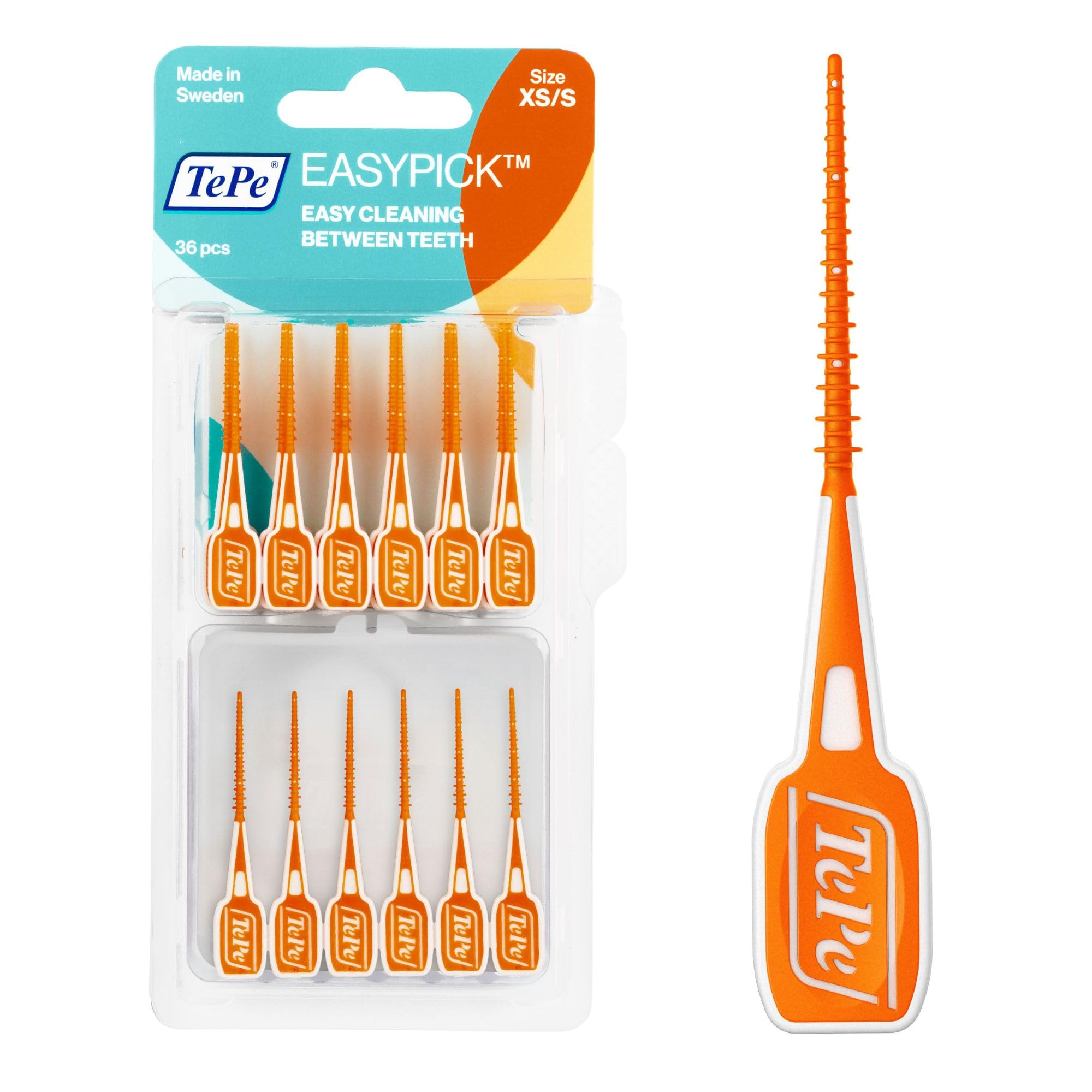 TePe EasyPick Toothpicks, Orange, ISO XS-S, 36pcs, Plaque Remover, efficient Clean Between Teeth, Durable Dental Picks for Narrow Gaps, Travel case Included