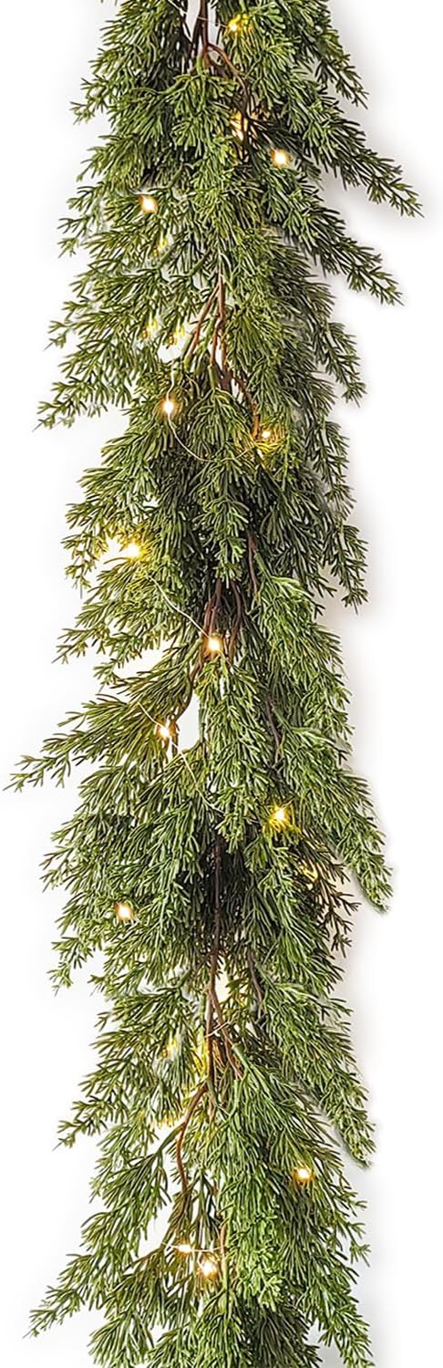 Wreaths, Garlands & Swags - Treasborn Christmas Garland with Warm White 50 LED Lights 6FT Greenery Garland Decorations for Winter Holiday Mantle Stairs Table Outdoor Artificial Pine and Cypress Garlands, Batteries Operated