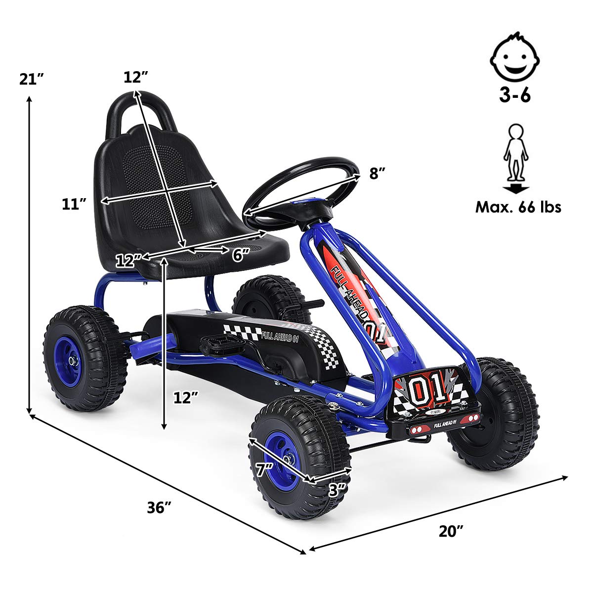 Costzon Go Kart for Kids, 4 Wheel Pedal Powered Go Cart with Adjustable Seat, Handbrake & Non-Slip Wheels, Outdoor Racer Ride On Pedal Car, Gift for Boys Girls (Blue)