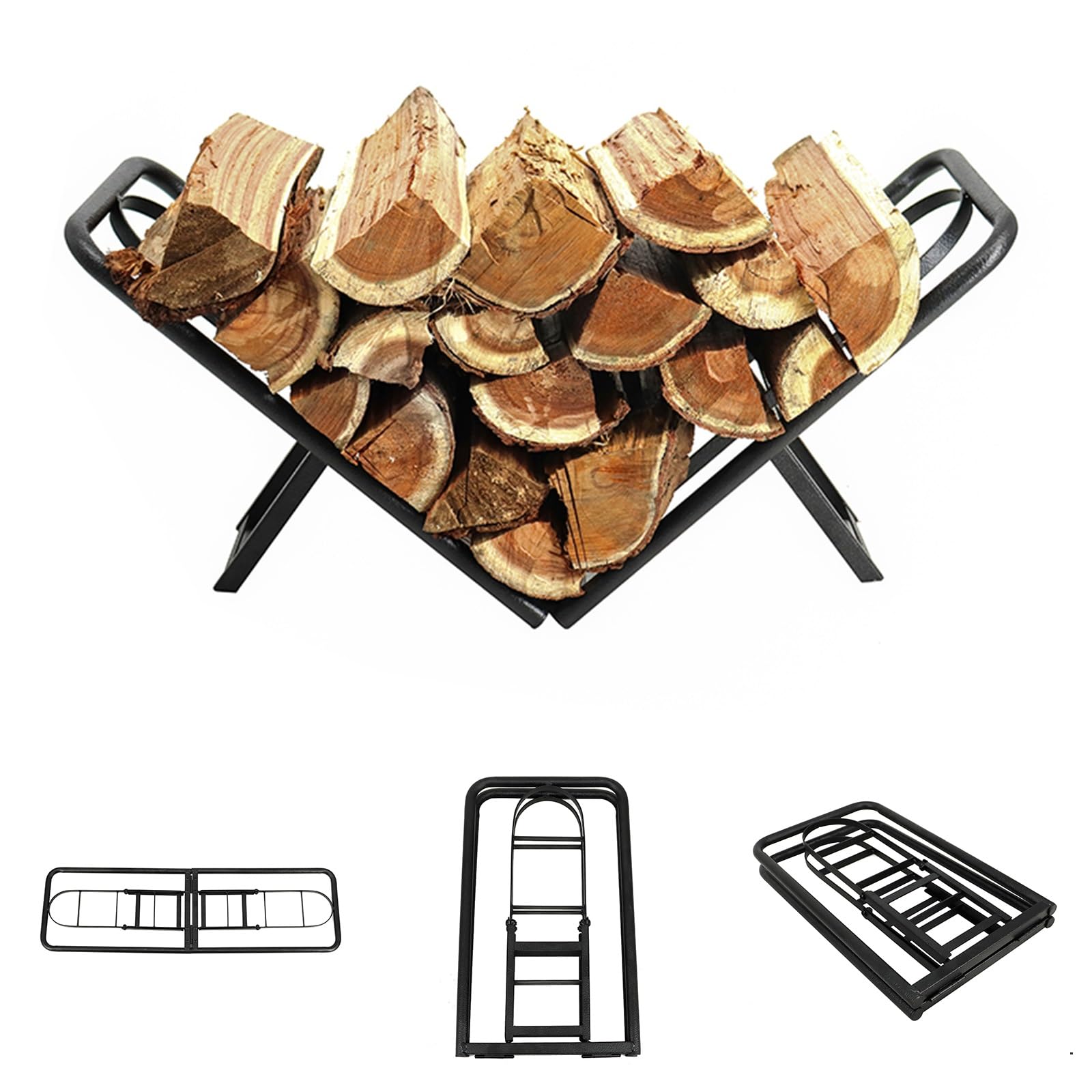 BiggerFire Firewood Rack, 2FT Foldable Firewood Rack for Fireplace Wood Storage, Log Holder Stand Steel Firewood Stand for Outdoor Indoor Fireplace（Black） 61 x28 x24 cm
