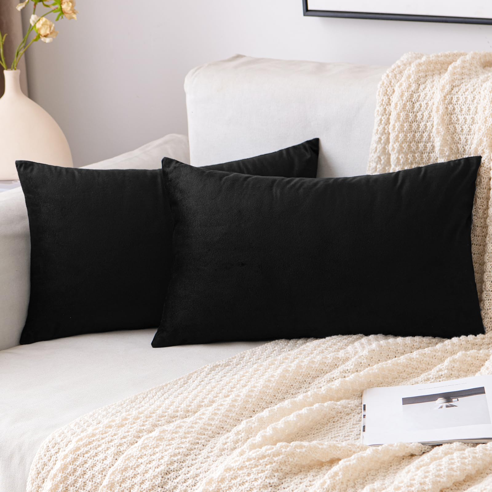 EMEMA Velvet Cushion Cover, Decorative Cushion Cover, Sofa Cushion, Lumbar Cushion, Throw Cushion Cover with Hidden Zip, Bedroom, Sofa, Set of 2, 40 x 60 cm, Black