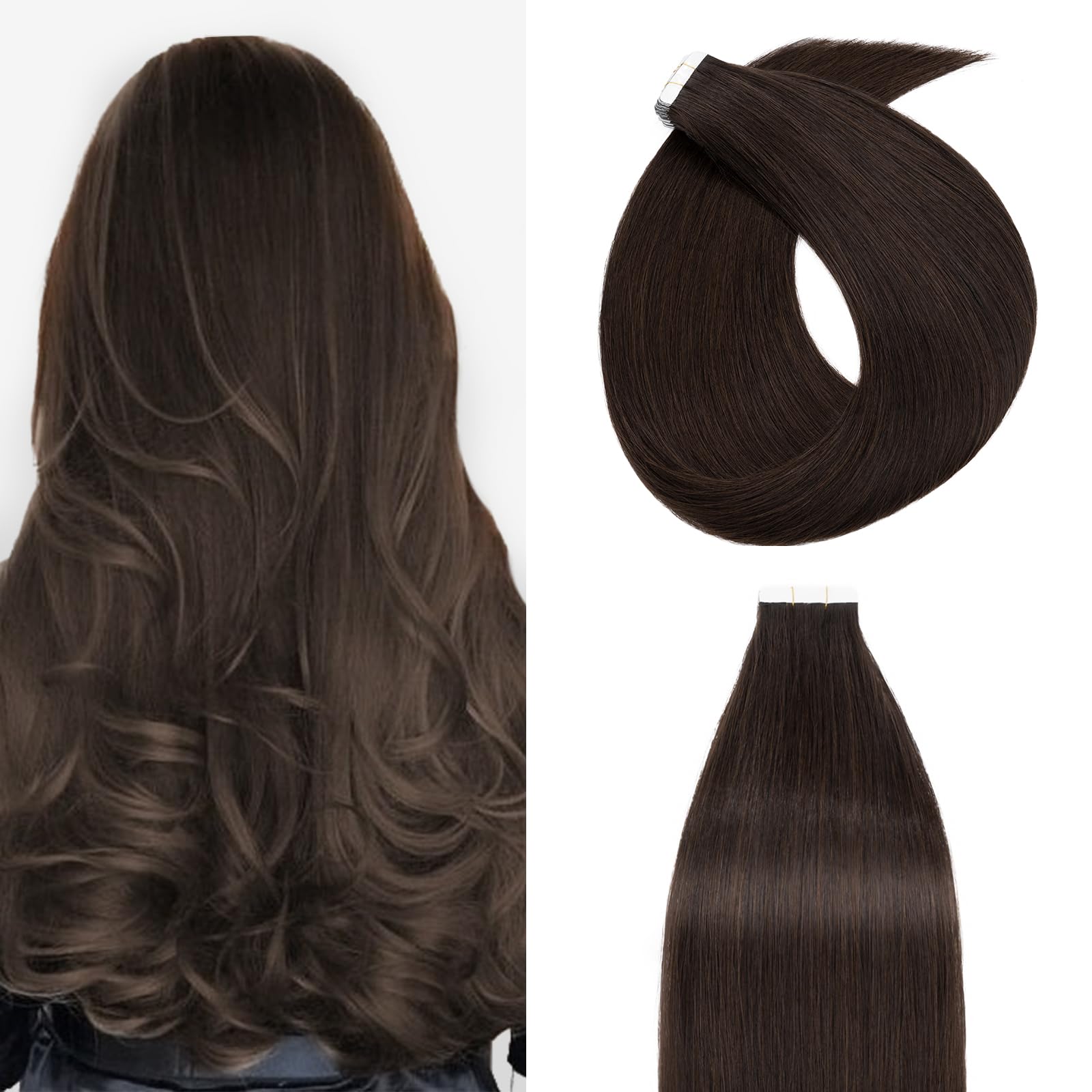 Tape in Hair Extensions 14inch 20 Pcs 40g Remy Human Hair Extension #02 Dark Brown Skin Weft Seamless Straight — image 1