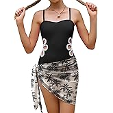 AMAWMW Girls Swimsuit Cut Out One Piece Bathing Suit with Tropical Print Cover Up Skirt Adjustable Straps Girls' Swimwear