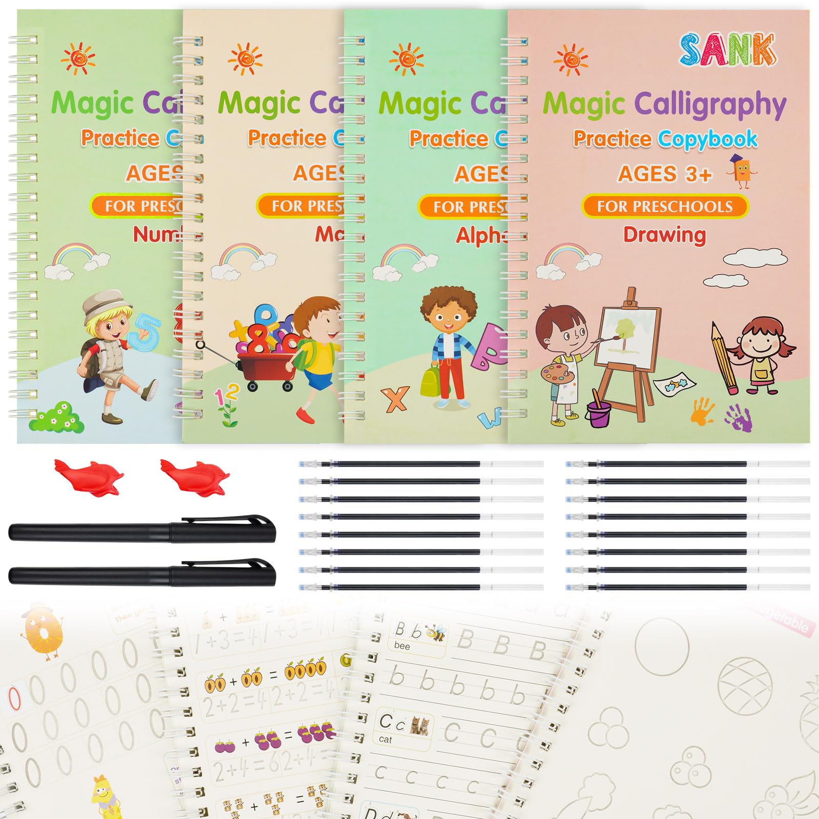 OFFCUP Magic Practice Copybook, 4 Pack Reusable Groove Calligraphy for Kids, Grooves Template Design and Handwriting Aid Magic Practice Copybook for Drawing, Math, Numbers, English Alphabet (19*13cm)