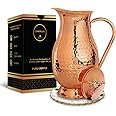 100% Pure Copper Pitcher 70 Ounces | Handmade Hammered Large Jug with Lid | Free Tounge Scraper | Water Mugs Unlined Uncoated Chemical Free for Ayurveda Health Benefits | for Home & Gifting