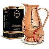 Pure Copper Water Pitcher 70 Ounces | Handmade Hammered Large Jug with Lid | Unlined Uncoated Chemical Free for Ayurveda Health Benefits | Decorative & Functional – Vintage Style for Home & Gifting
