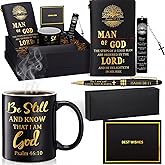 Shellwei 6 Pcs Valentine's Day Christian Gift for Men Pastor 11 oz Mugs Leather Bible Notebook Pen Metal Bookmark Greeting Card Box Religious Gifts for Appreciation Day Birthday(Man of God,Black)