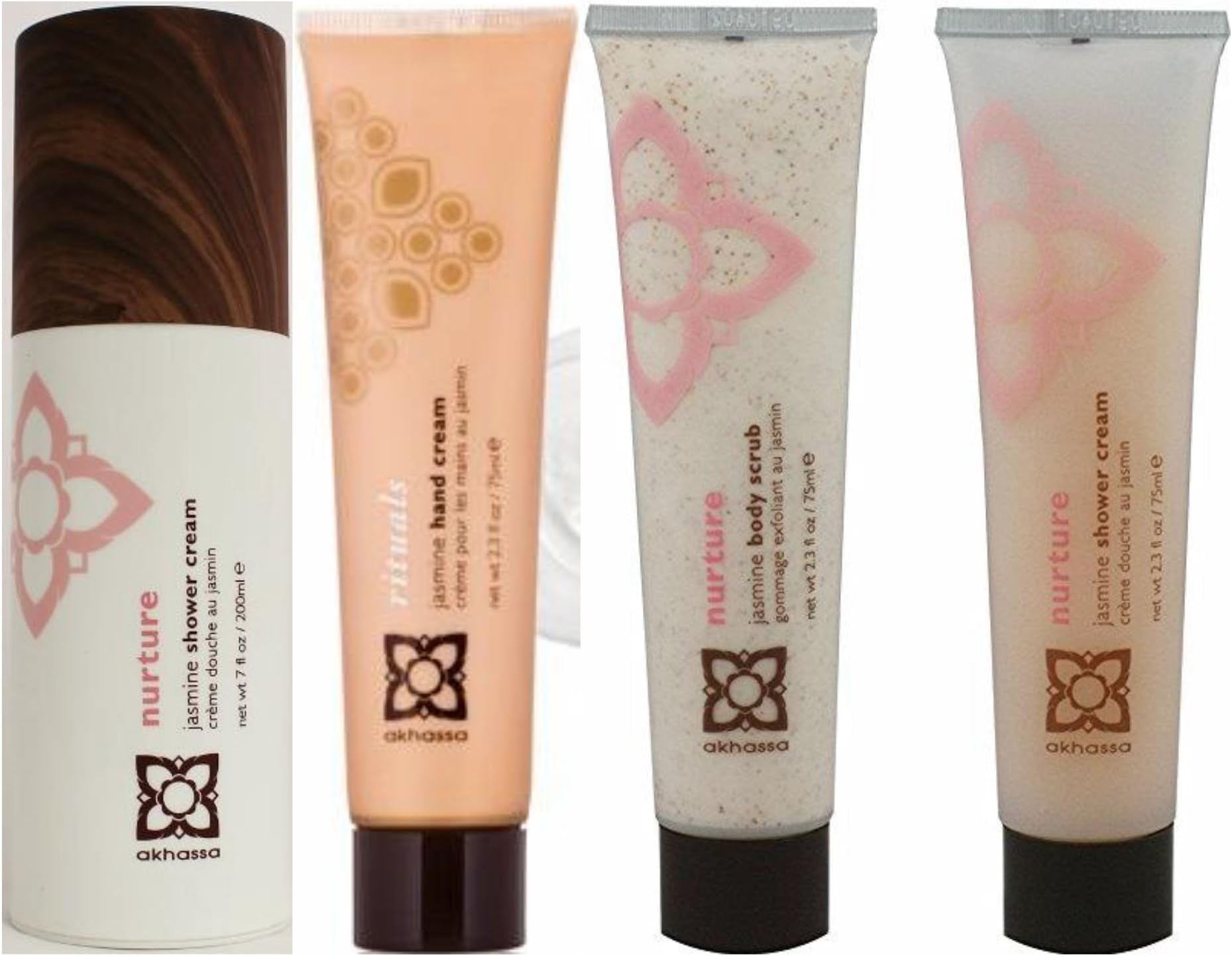 Akhassa Nurture Holiday Bundle: Jasmine Shower Cream 7oz, Jasmine Body Scrub 2.3oz, Jasmine Hand Cream 2.3oz, Jasmine Shower Cream 2.3oz