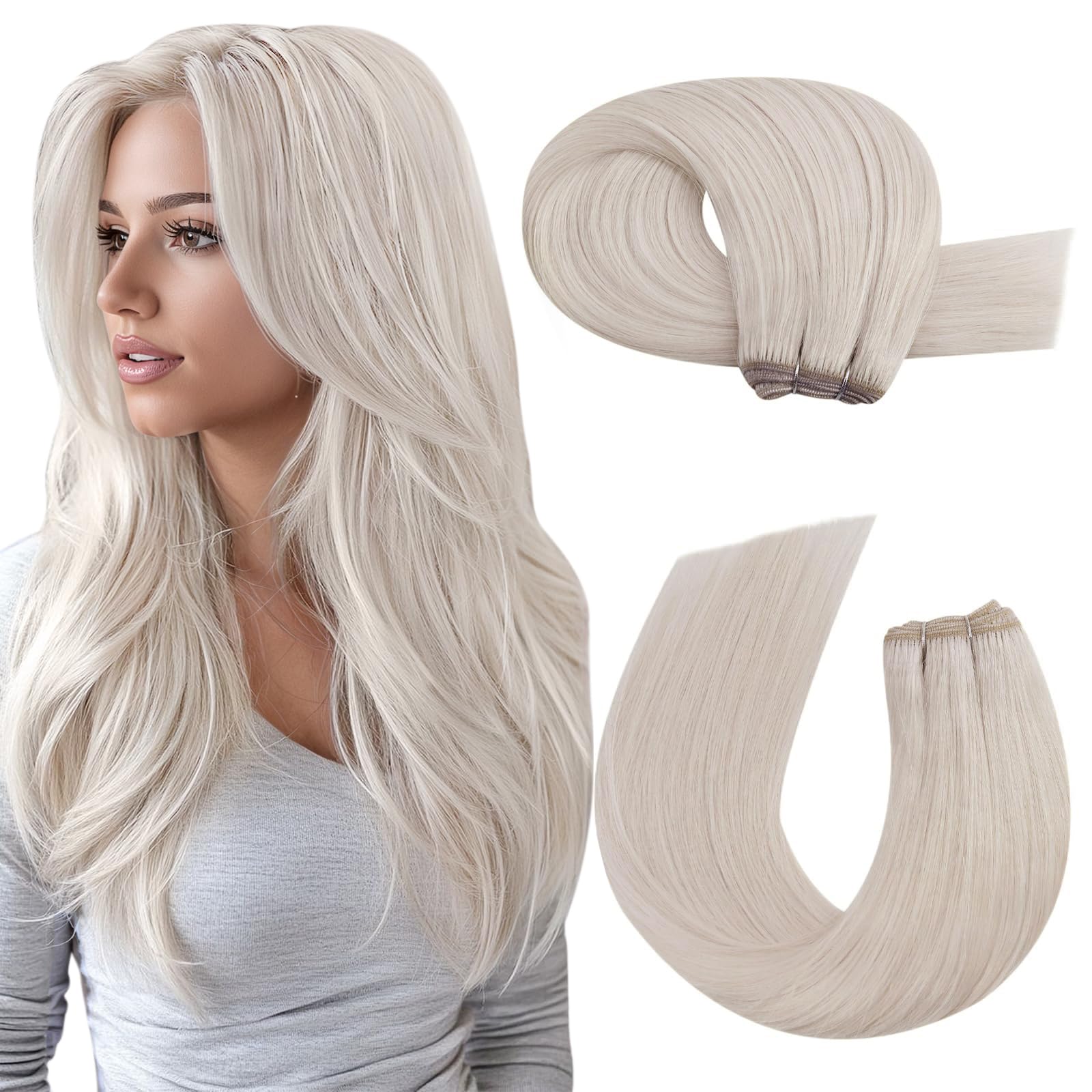 Moresoo Weft Hair Extensions Real Human Hair White Blonde Hair Weft Real Human Hair Extensions Blonde Remy Straight 24 Inch 100G #60A — image 1