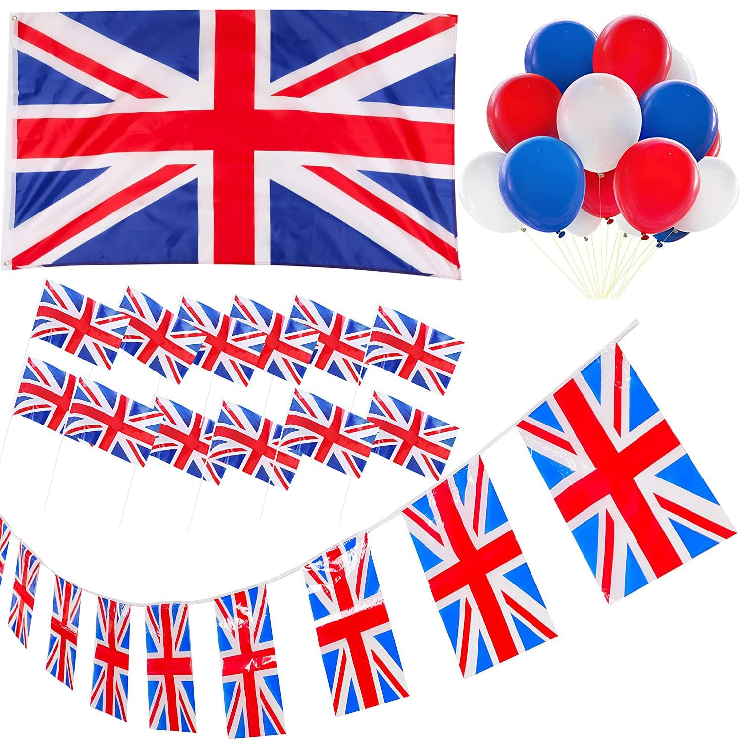 Toyland® British Union Jack Party Bundle - 5ft x 3ft Flag, 12 Hand Flags, 4m Bunting & 30 Balloons - British Decorations