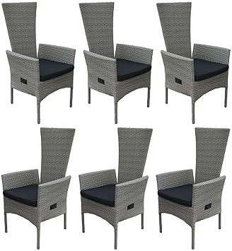 KMH®, 6er Set Polyrattan Hochlehner Tjorben grau incl. Kissen (stufenlos verstellbare Rückenlehne - 2 String) (#106256)