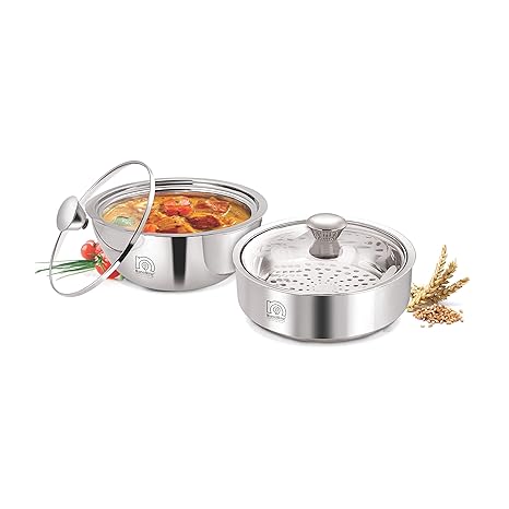NanoNine Meal Serve Combo Double Wall Insulated Stainless Steel Serve Fresh Casserole with Glass Lid, 800 ml + 900 ml, Set of 2