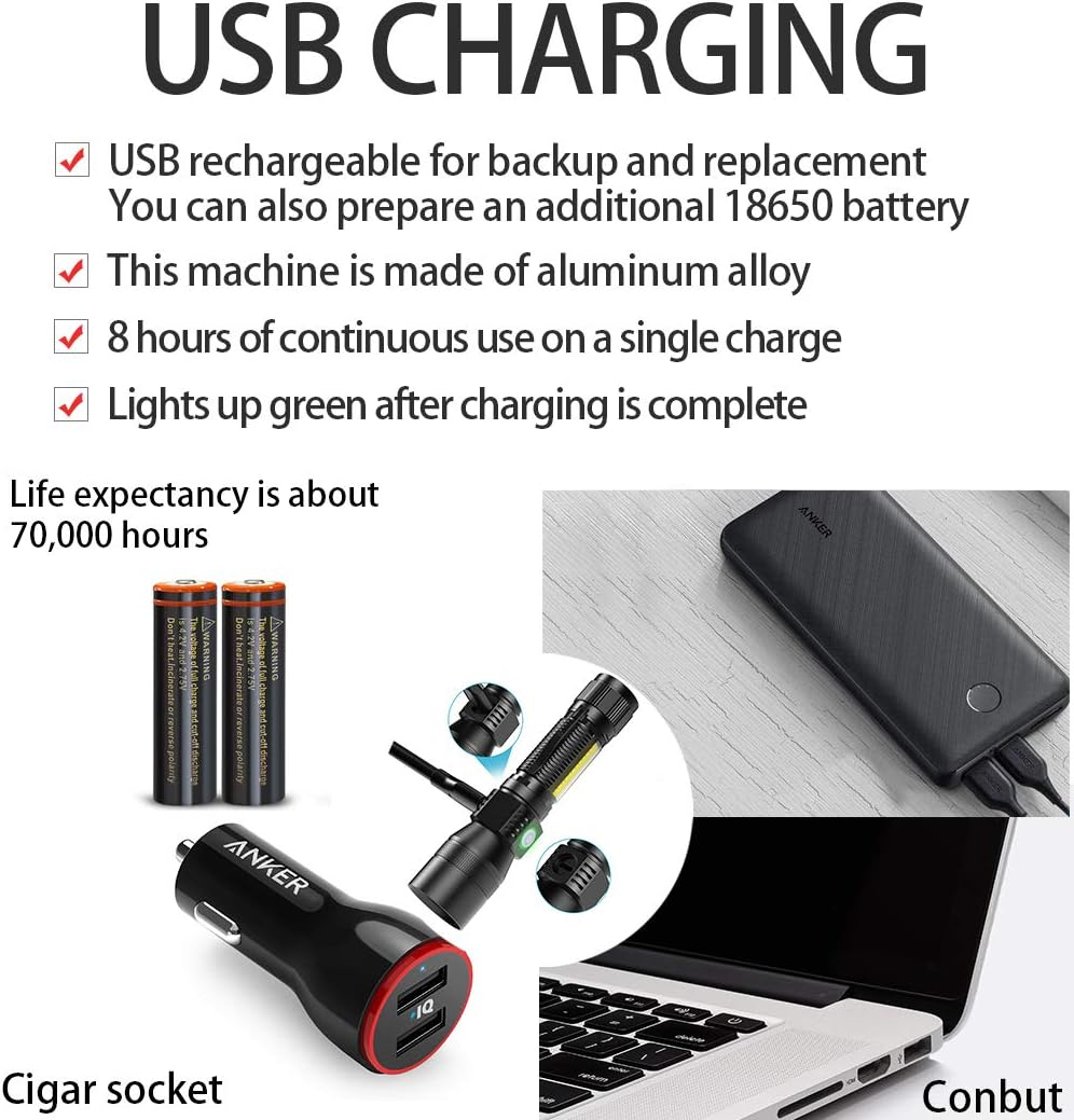 USB Rechargeable UV Flashlight, Zoomable Waterproof Tactical LED Torch, 2 in 1 UV Black Light with 1000 Lumens&7 Modes for Camping Biking Hiking Outdoor Family Emergency - - 