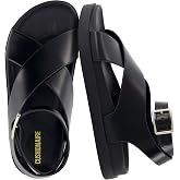 CUSHIONAIRE Emoji Platform Sandal for Women | Vegan Leather Crisscross Straps &amp; Adjustable Ankle Buckle | Comfortable Walking Sandals | Slip-On Sandals for Women | Wide Width Available