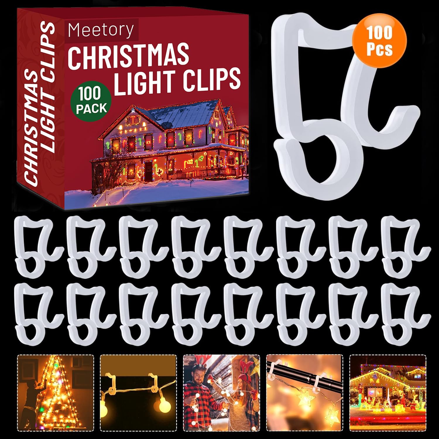 Meetory 100 Pieces Christmas Gutter Hooks Plastic Light Gutter Hang Clips for Xmas, Party Decoration Outside String Lights