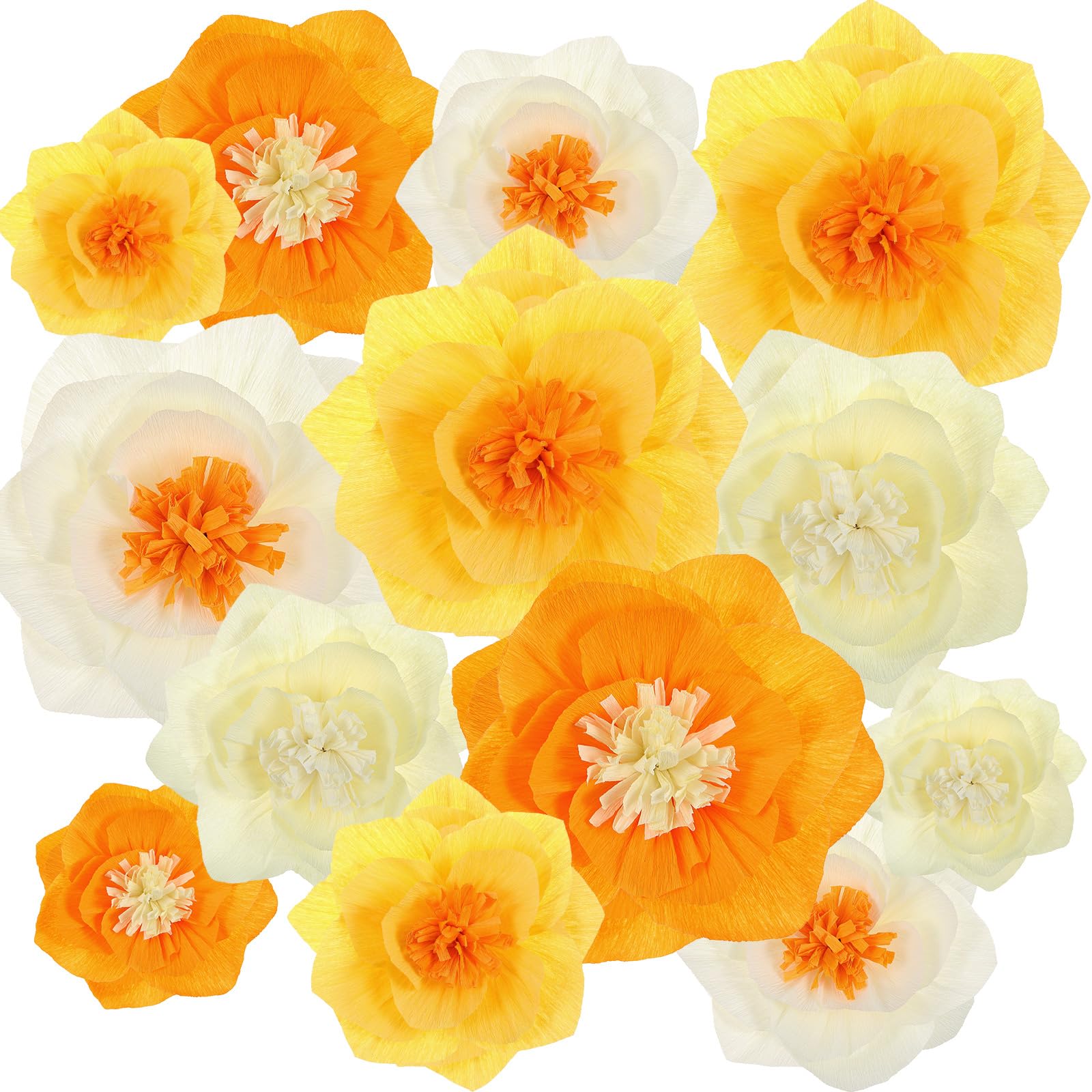 Photo 1 of Cholemy 24 Pcs Tissue Paper Flowers, Crepe Paper Flowers Decorations 8" 10" 12" for Wedding Party Baby Bridal Shower Carnival Party Birthday Nursery Wall Decor (Gold, Yellow, Orange)