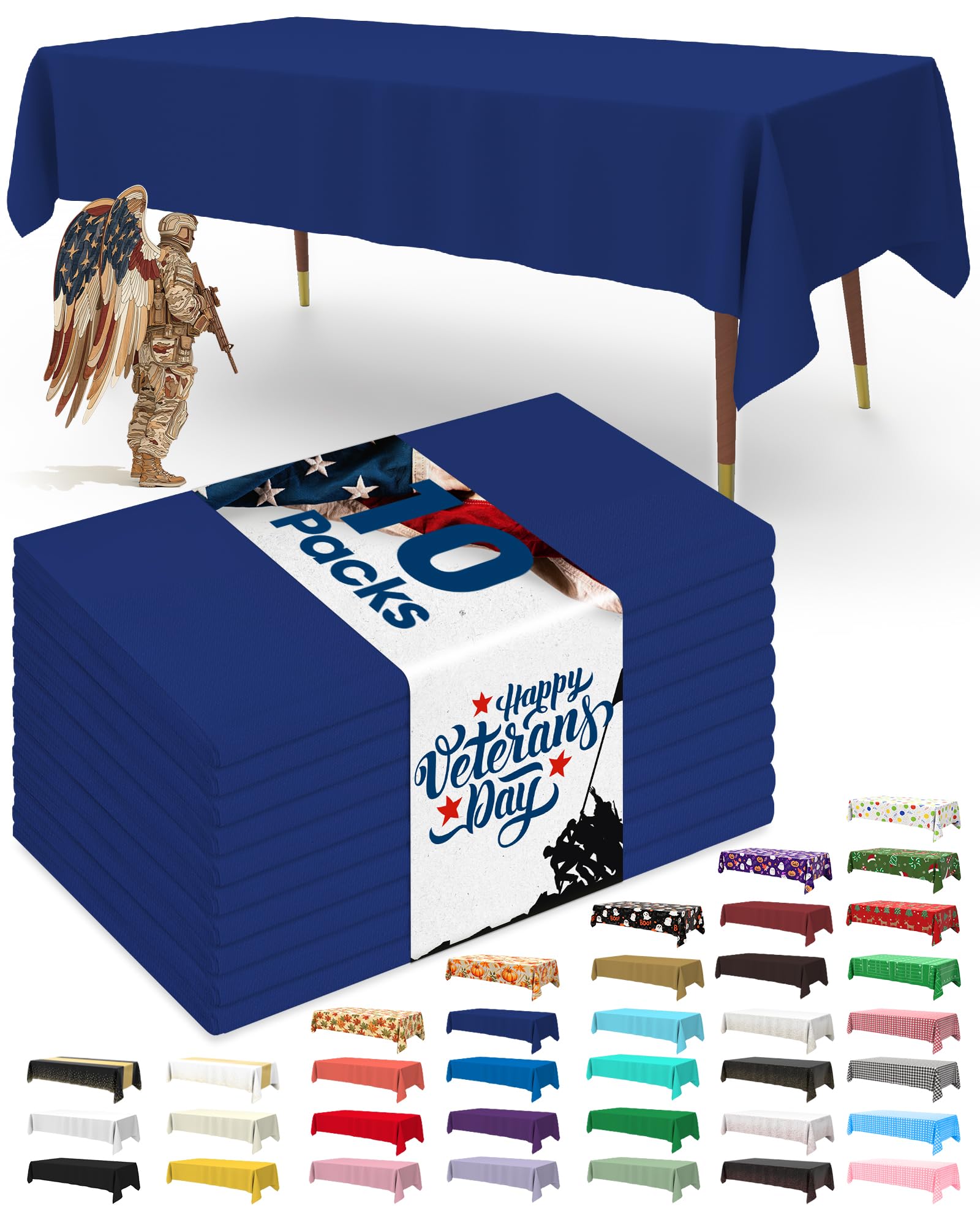 Photo 1 of Pureegg Plastic Table Cloth Disposable 10 Pack, 54 x 108 Inch Table Cloths, Patriotic Decorations, Thanksgiving, Veterans Day Tablecloths, Rectangle, Plastic Cover, Leakproof & Sturdy, Navy Blue