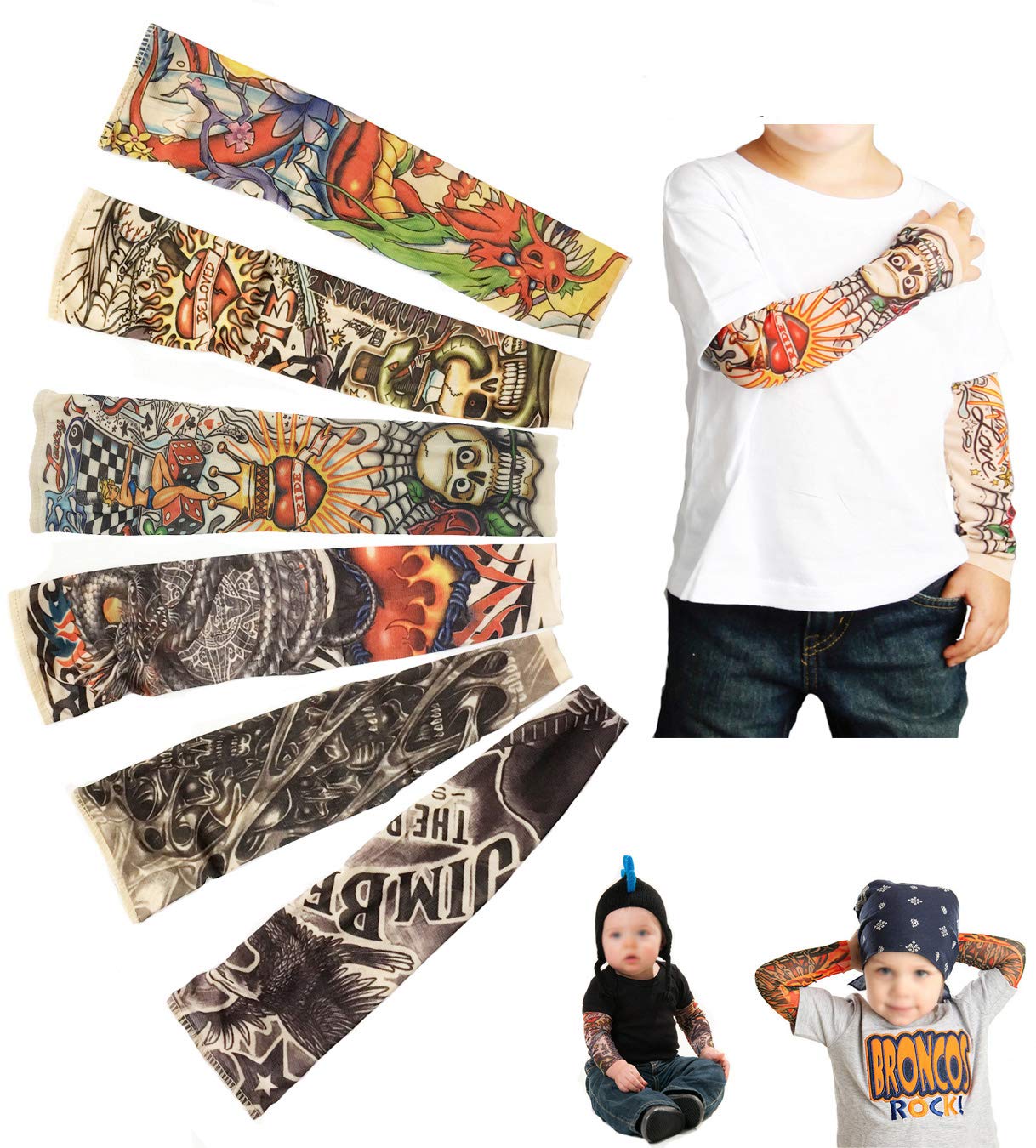 Amazon Com Temporary Tattoo Sleeves For Kids Fake Slip On Arm Sunscreen Sleeves 6pcs Eagle Skull Dragon Clown Snake Etc Beauty