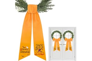 PartyforU Orange Halloween Wreath Sash - 2 Pcs Fall Pumpkin Sashes for Wreaths Front Door Home Decor, 60 Inch Wreath Sash for Autumn Thanksgiving DIY Bow Embroidery
