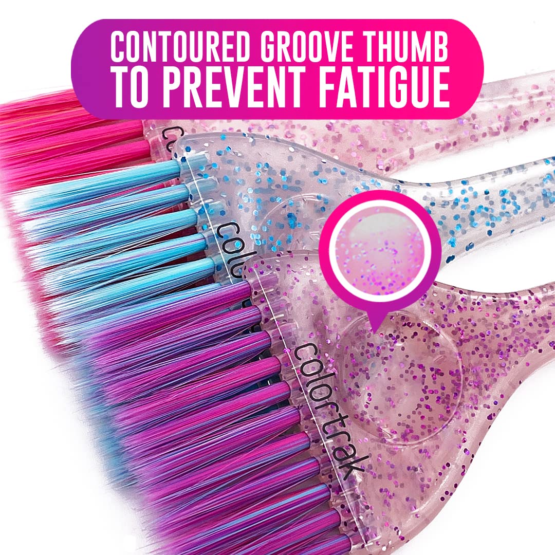 Colortrak 3 Pack Hair Color Brush Set with Glitter Handles for Highlighting, Tint and Coloring Hair Sections - Soft Feathered Bristles Application 3.5 x 11 inch