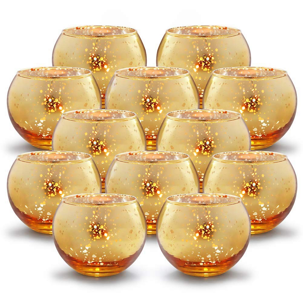 GUIFIER 12PCS Classy Mercury Glass Votive Tealight Candle Holders,Speckled Gold Candle Holder 2" H for Weddings, Parties and Home Decoration