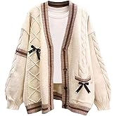 ebossy Womens Kawaii Cute Bowknot Cable Knit Cardigans Sheep V Neck Button Down Slouchy Preppy Wool Blend Sweater Coat