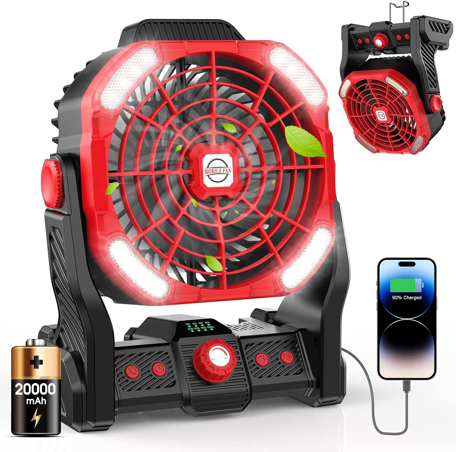 Photo 1 of DOWILLDO Portable Camping Fan for Tents - 20000mah Rechargeable Battery Operated Fan With LED Light, Portable Travel Fans for Home, Desk, Outdoor, Sleeping(Red)