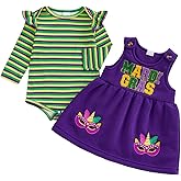 Beautooly Baby Girl Mardi Gras Outfit Cute Cute Striped Ruffled Trim Long Sleeve Romper Embroidered Party A Line Dress