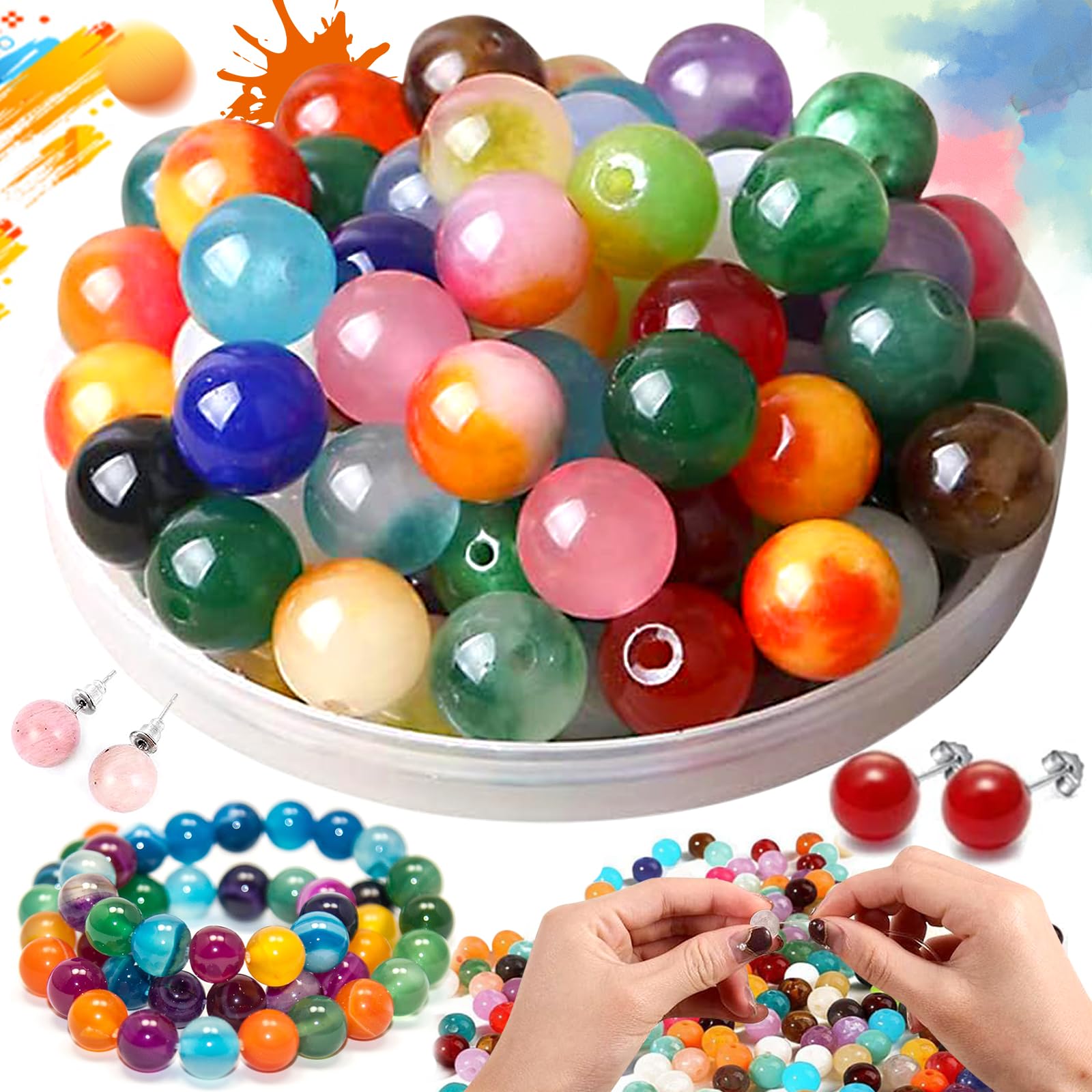 Srup C5297 Pack of 100 Semi-Precious Stones Mix 10 mm Beads with Quartzite Jade, Glass Beads for Threading, Gemstones with Hole, Used for DIY Jewellery Decorations