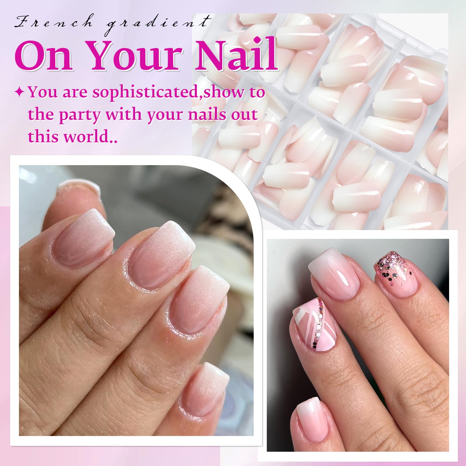 Loveourhome 144pc Ombre Coffin Press on Nails Short Fake Nails Glue on Nails Ombre Acrylic Nails Press on Nails Short False Nails Artificial Fingernails Women Stick on Nails with Glue Adhessive Tabs - Image 6