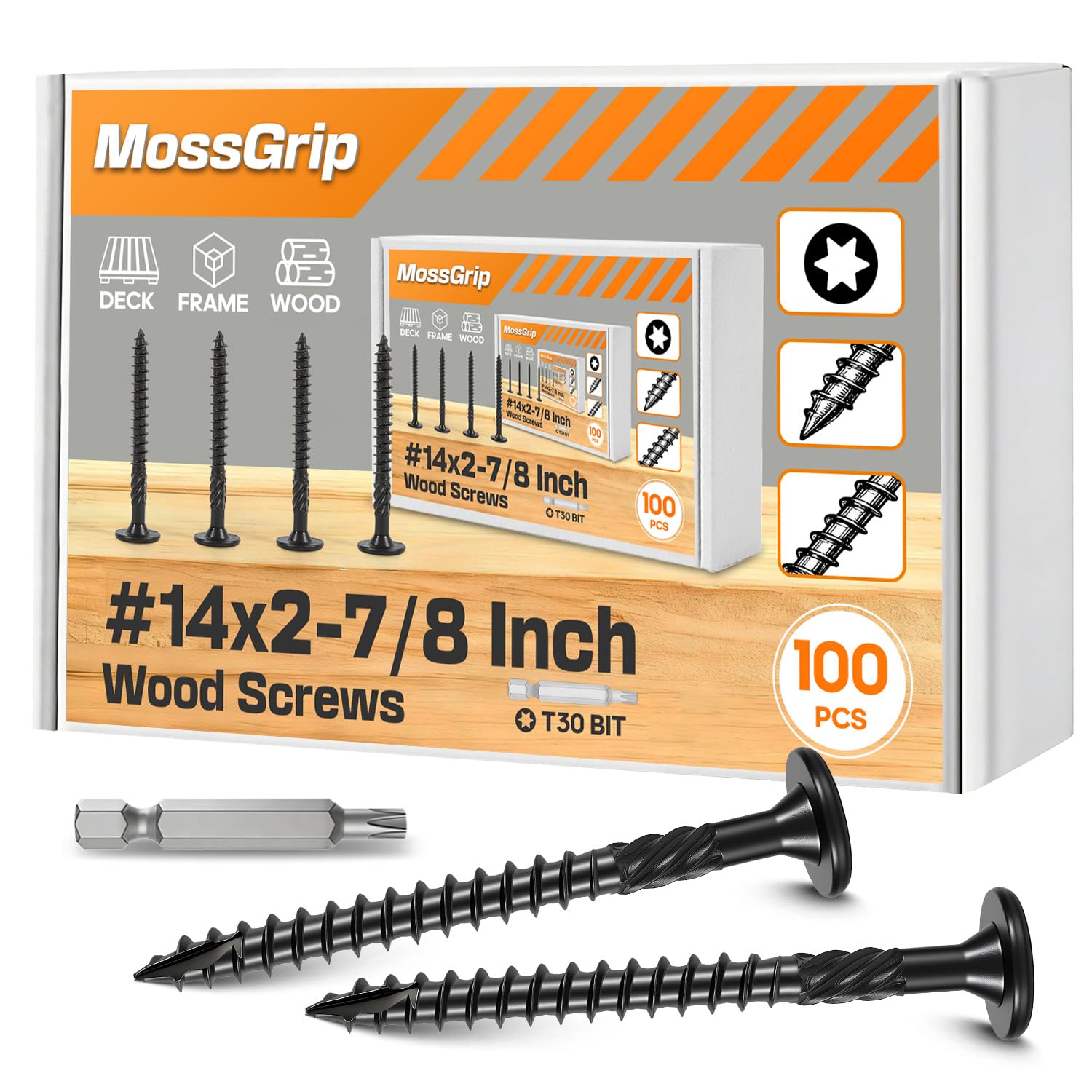 Photo 1 of #14 x 2-7/8" Lag Screws 100Pcs - Structural Screw for Outdoor Wood, Furniture, Deck & Framing, Black Wood Screws, Rust Resistant, Includes T30 Star Bit