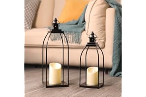 DARJEN Modern Farmhouse Lantern Decor Outdoor & Indoor- 17'' 14'' Black Metal Candle Lanterns for Christmas, Lanterns Decorative with 2 Flameless Candles for Porch,Patio,Home,Fireplace Mantle Decor
