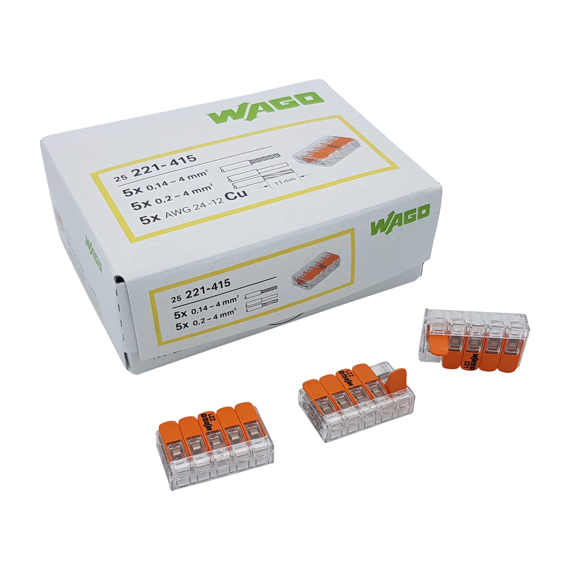 WAGO Plug-in terminal 5-way with lever for rigid (0.2-4 mm²) and flexible (0.14-4 mm²) wires to open again, transparent/orange, pack of 25