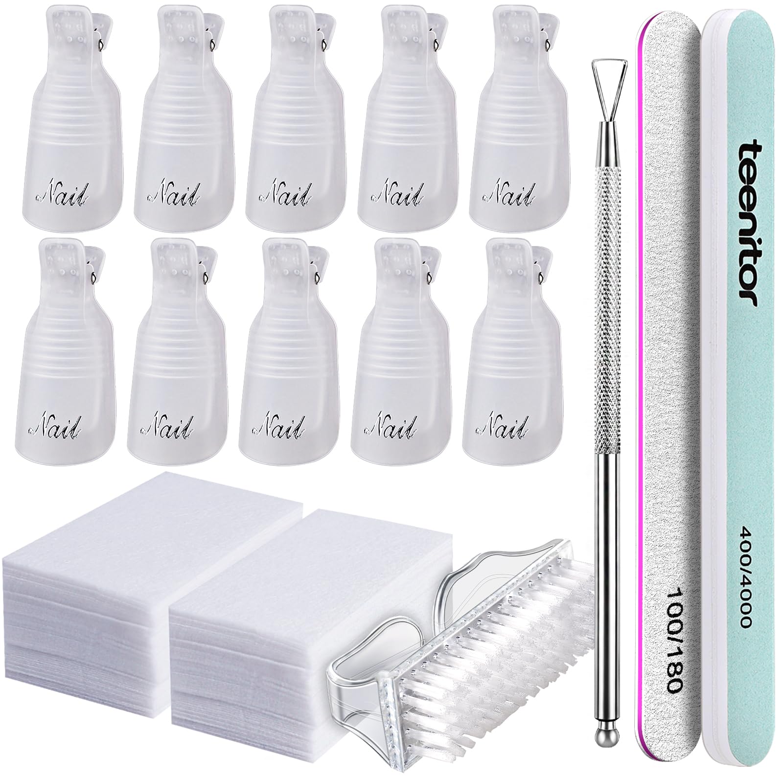 Teenitor Gel Nail Remover Kit -10 pcs Gel Clip Remover, Brush for Nails, Nail Files 100/180, Buffer Block 400/4000, Stainless Steel Cuticle Peeler and Lint Free Cotton Pads, Transparent