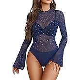 Avidlove Women Long Sleeve Bodysuit Rhinestone Bodysuit Mesh Bodysuit Tops Sexy Party Outfits