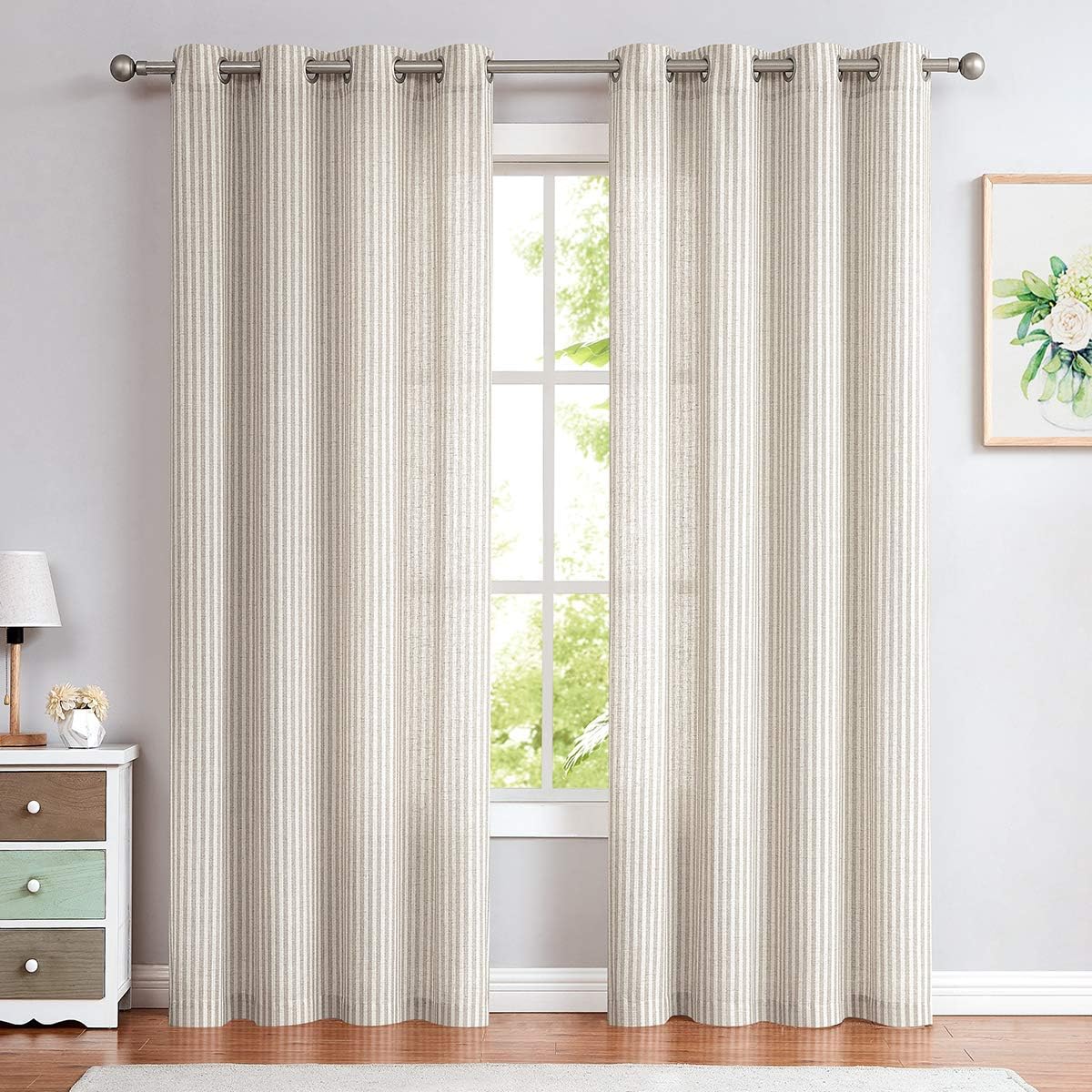 Grey Linen Textured Curtains for Living Room Stripe Pattern