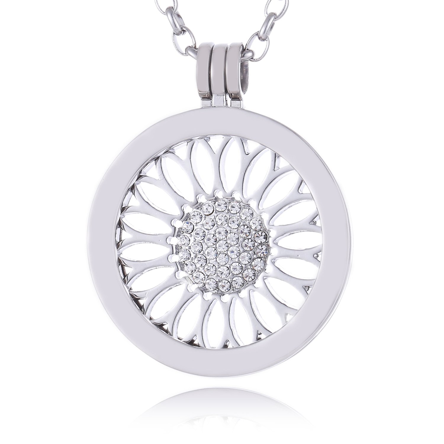 Morella Women’s Necklace 70 cm Stainless Steel with Amulet and Coin 33 mm Sunflower Silver in Velvet Bag