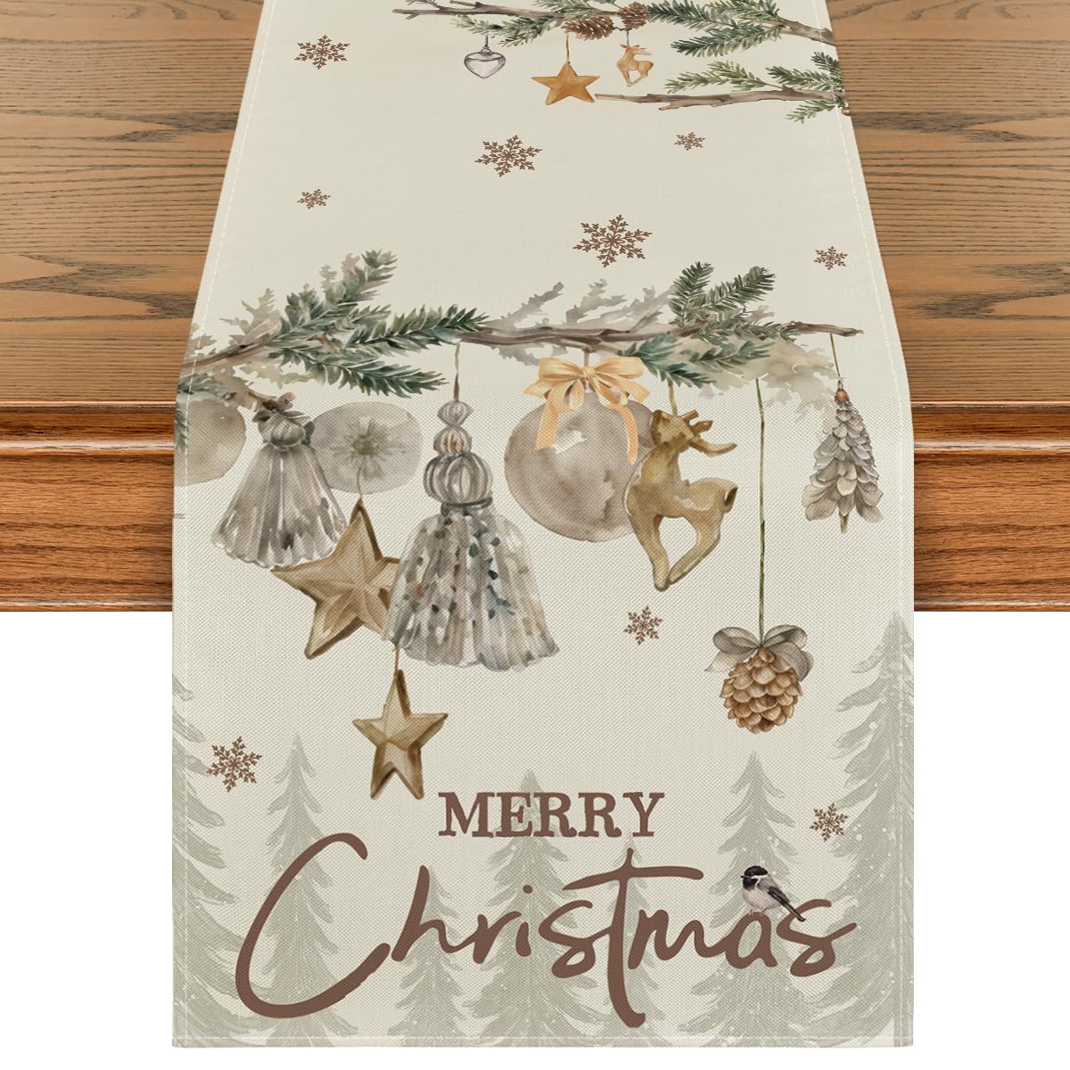 Photo 1 of Artoid Mode Xmas Pine Ornament Snowflake Merry Christmas Table Runner, Seasonal Winter Kitchen Dining Table Decoration for Home Party Decor 13x72 Inch