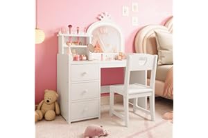 GarveeHome Kids Vanity Desk with Mirror and Lights, White Princess Wooden Makeup Vanity with Chair, Storage Shelves and Drawers, 2-in-1 Girls Dressing Table