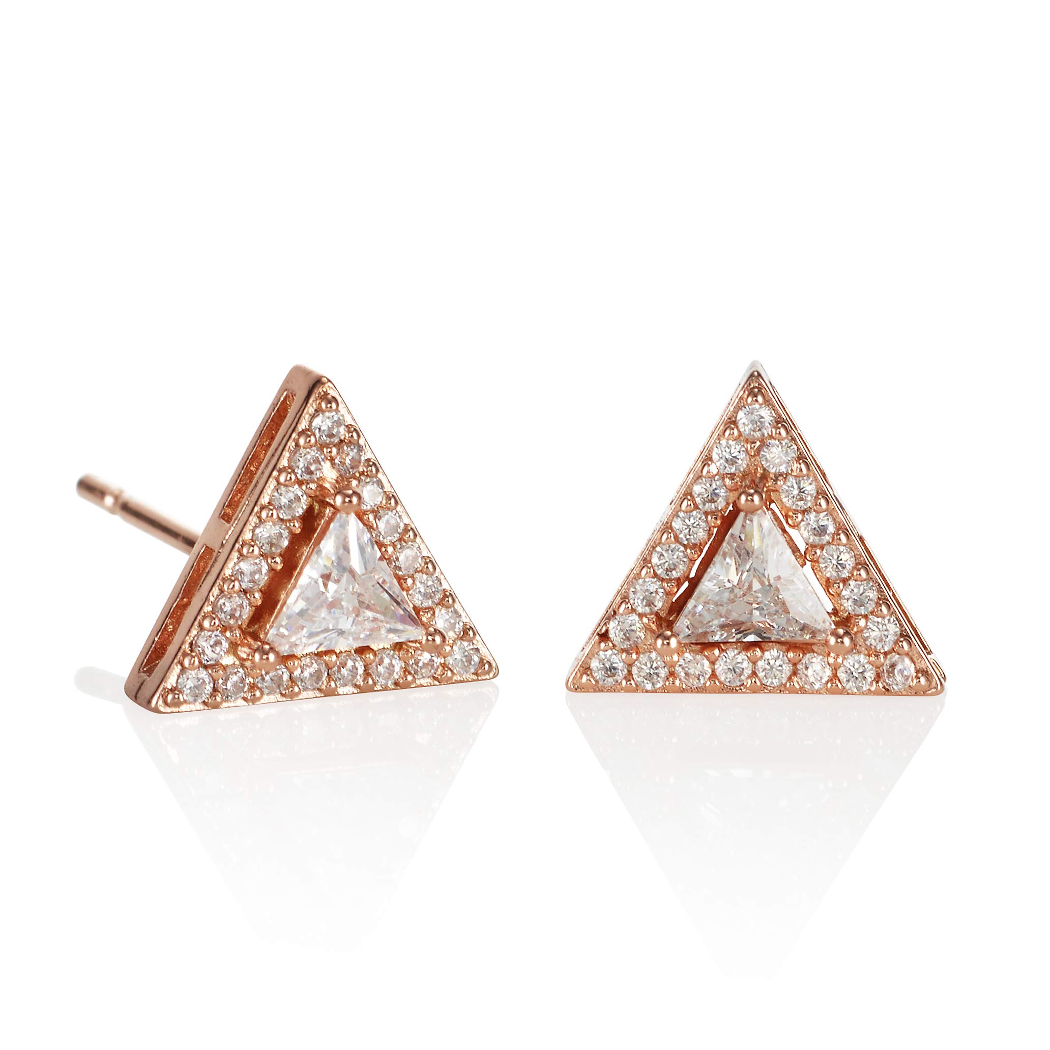 namana Trillion Stud Earrings for Women. Triangle Halo Stud Earrings. Fine Silver Coloured or 18 Carat Rose Gold Plated Earrings with Gift Box (Rose Gold, 18ct Gold Plated Base Metal)